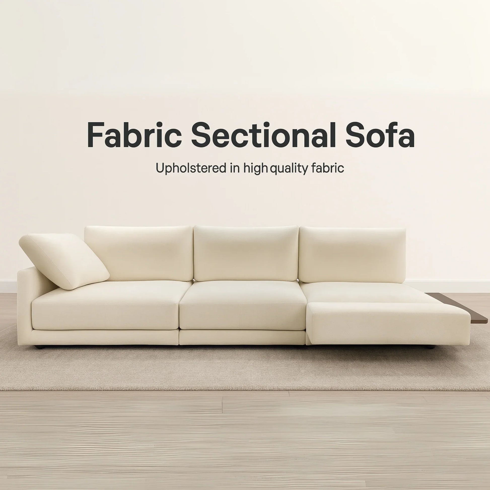 Beige sectional sofa on a plain background with text about fabric quality.