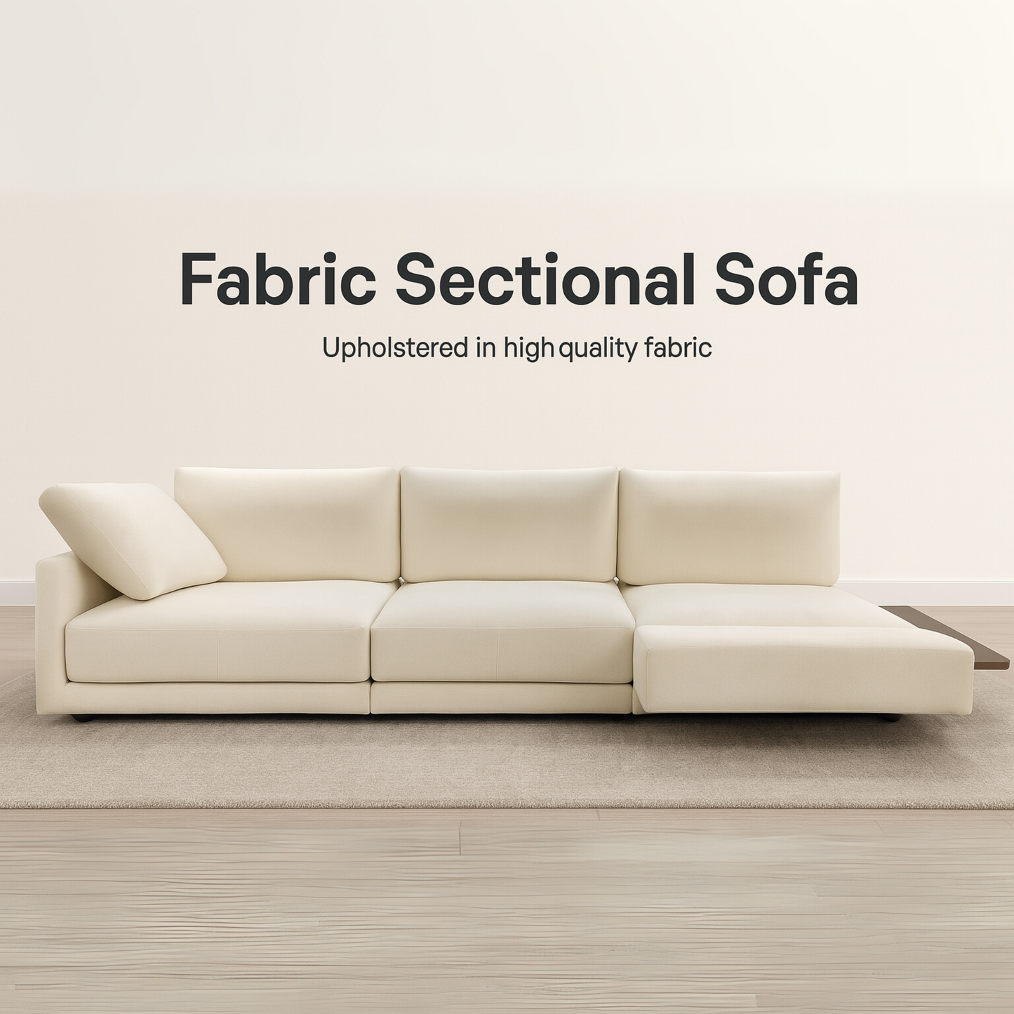 Beige sectional sofa on a plain background with text about fabric quality.
