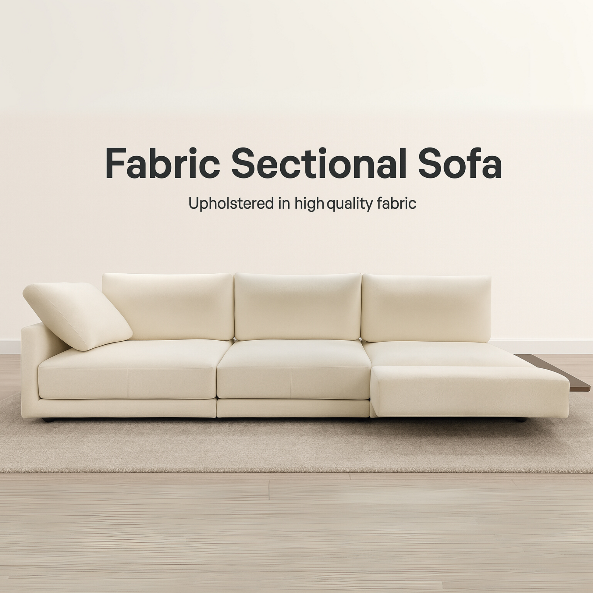Beige sectional sofa on a plain background with text about fabric quality.