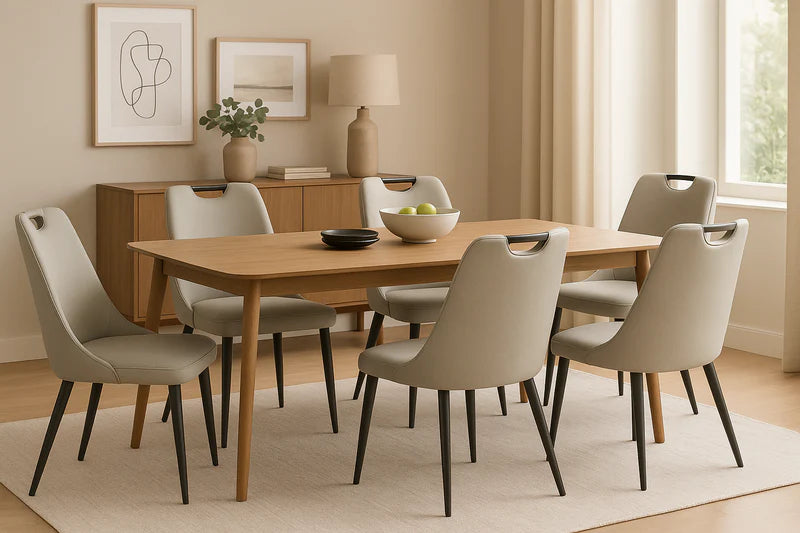 Back view of PU leather dining chair featuring built-in handle backrest, ergonomic curve, and black legs with gold-tone tips