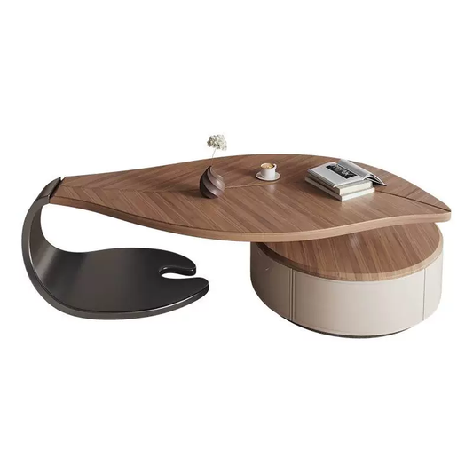 Modern coffee table with wooden surface and black base on a white background