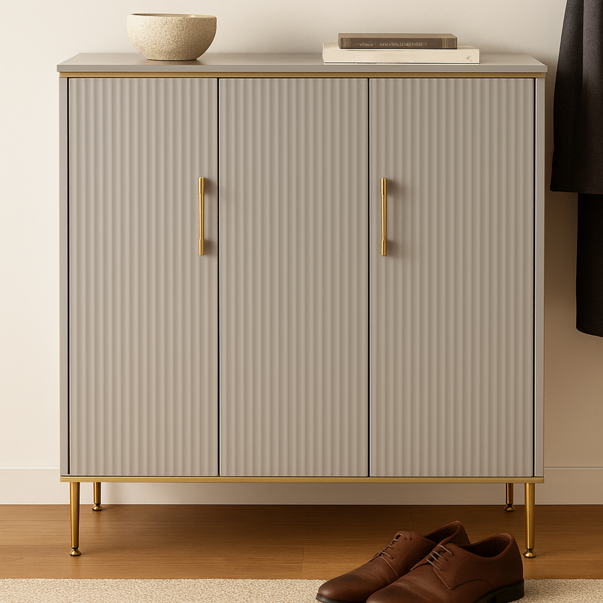 Beige cabinet with gold handles on a wooden floor, with shoes in the foreground.
