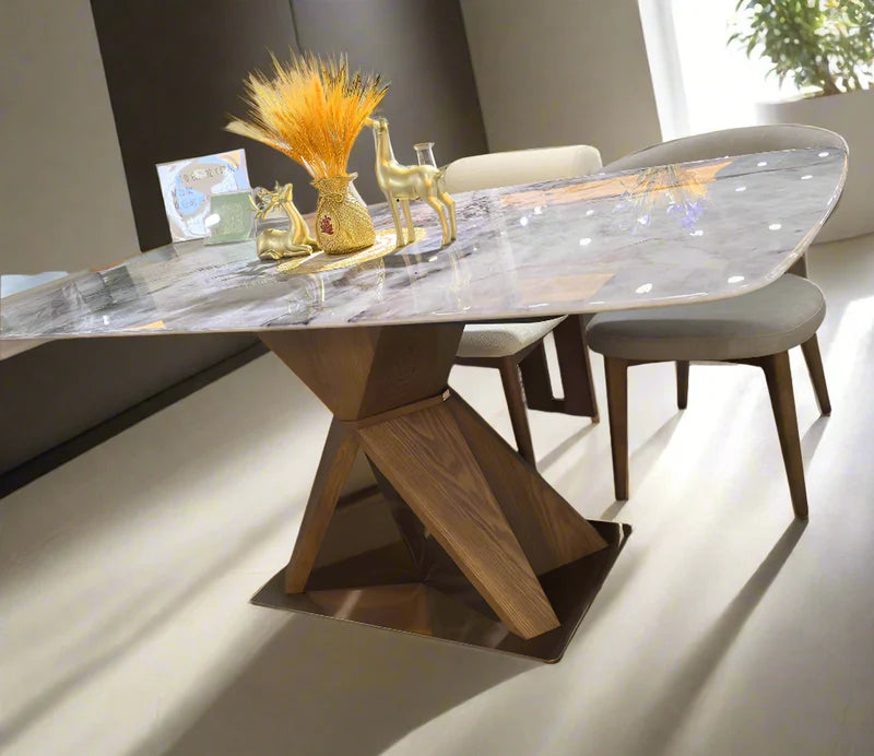 Angled view of luxury Super-Crystalline Marble Dining Table showing radiant marble shine and ash veneer wooden base