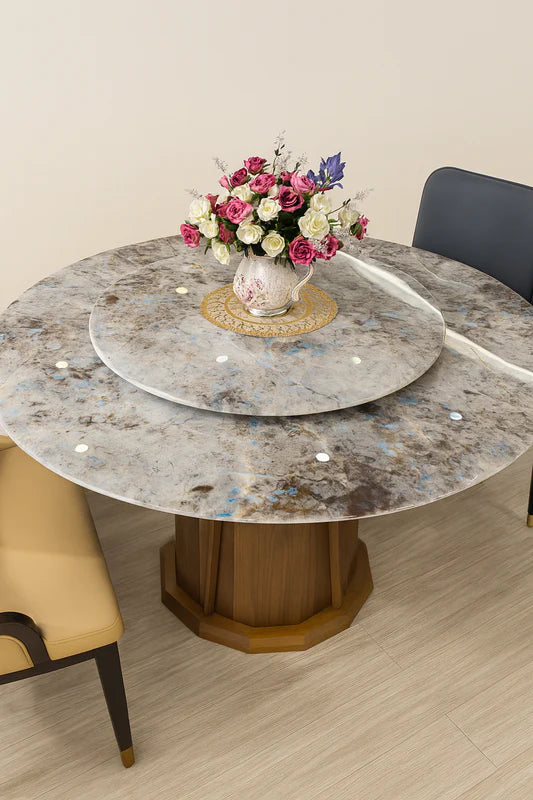 Front view of Super-Crystalline Round Marble Dining Table with integrated Lazy Susan, showcasing high-gloss marble and earthy-blue crystal patterns