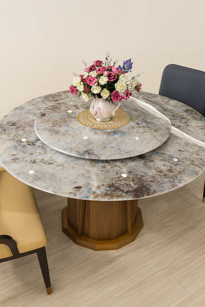 Front view of Super-Crystalline Round Marble Dining Table with integrated Lazy Susan, showcasing high-gloss marble and earthy-blue crystal patterns