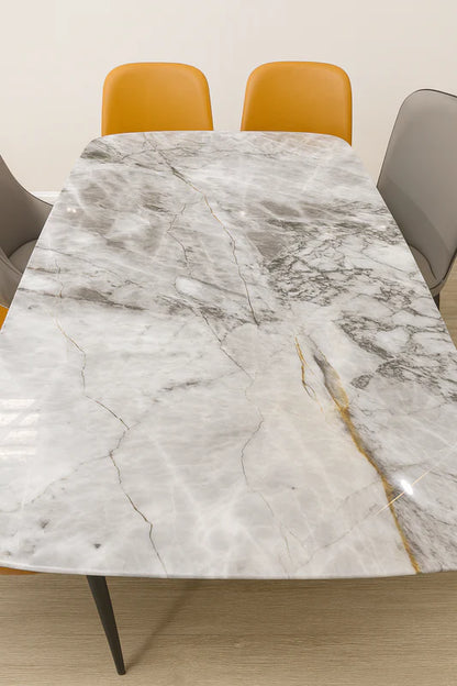 Angled view of U Shaped Super-Crystalline Marble Dining Table with high-gloss surface and solid wood & engineered wood base with ash veneer