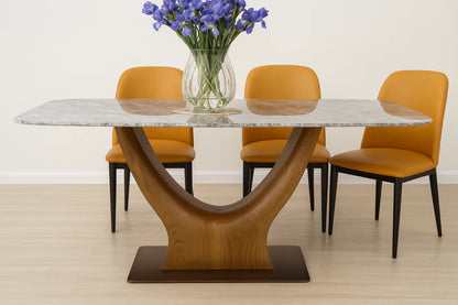 Front view of U Shaped Super-Crystalline Marble Dining Table showcasing luminous marble with unique white, gray, and golden veining