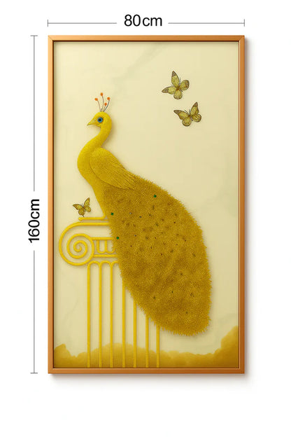 Close-up of golden peacock feathers and 3D detailing wall decor